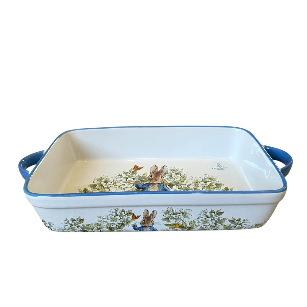 Beatrix Potter Peter Rabbit Rectangular Ceramic Baker Blue Rim Easter  NEW - Picture 7 of 15